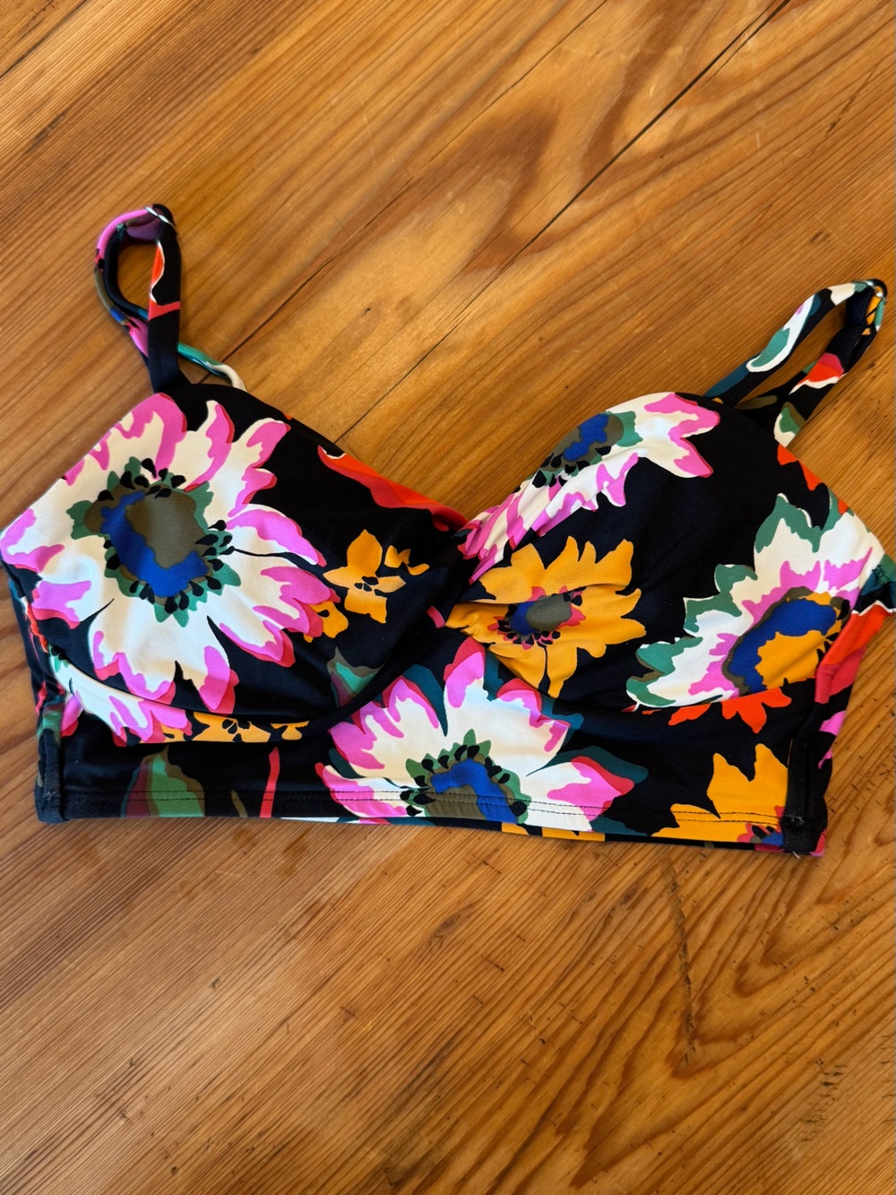 Floral Print Black Bikini Top with Black High-waisted Ruched Bottom